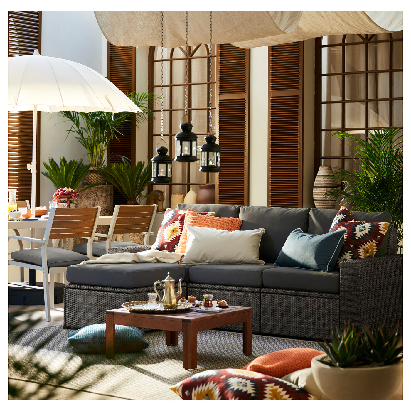SOLLERÖN 3-seat modular sofa, outdoor with footstool dark grey