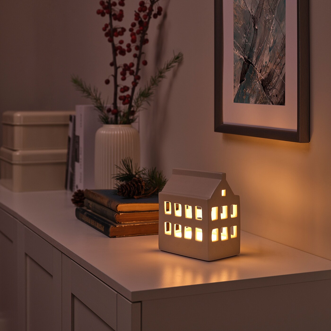 STRALA LED table decoration battery operated house ceramic white IKEA