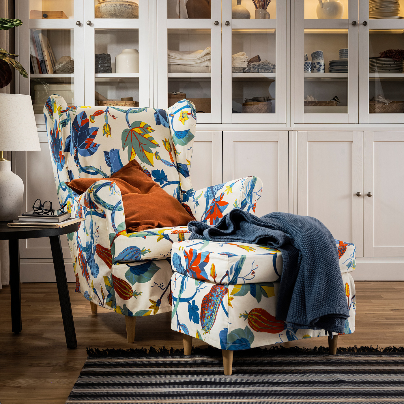 STRANDMON slipcover for footstool Stigsbo multicolour/beige - IKEA