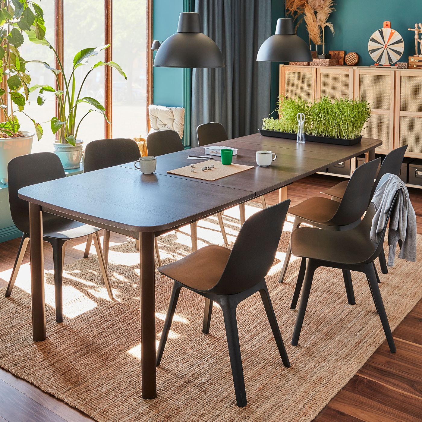STRANDTORP / ODGER table and 8 chairs brown/anthracite - IKEA
