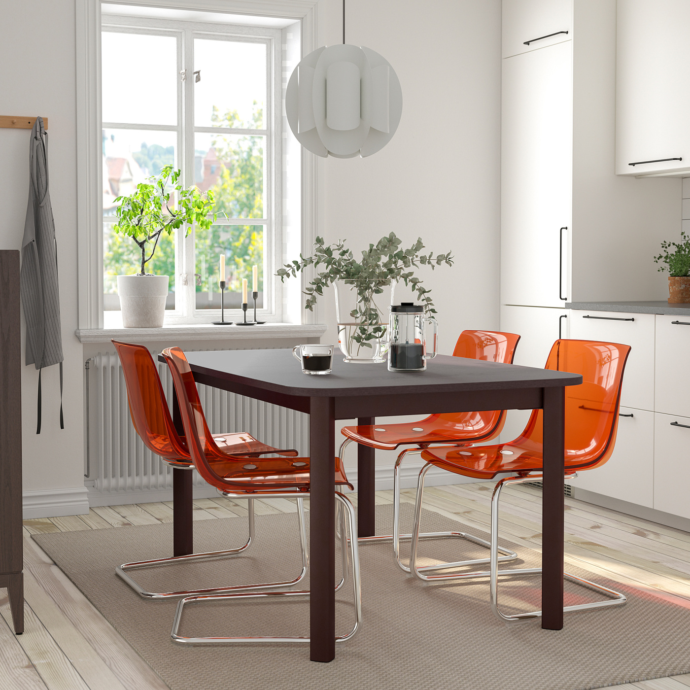 STRANDTORP / TOBIAS table and 4 chairs brown/brown/red chrome