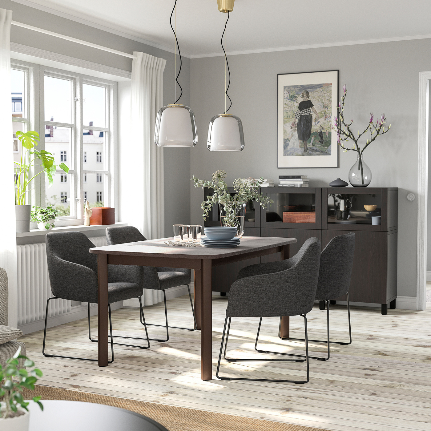 STRANDTORP / TOSSBERG table and 4 chairs brown/metal black/grey - IKEA