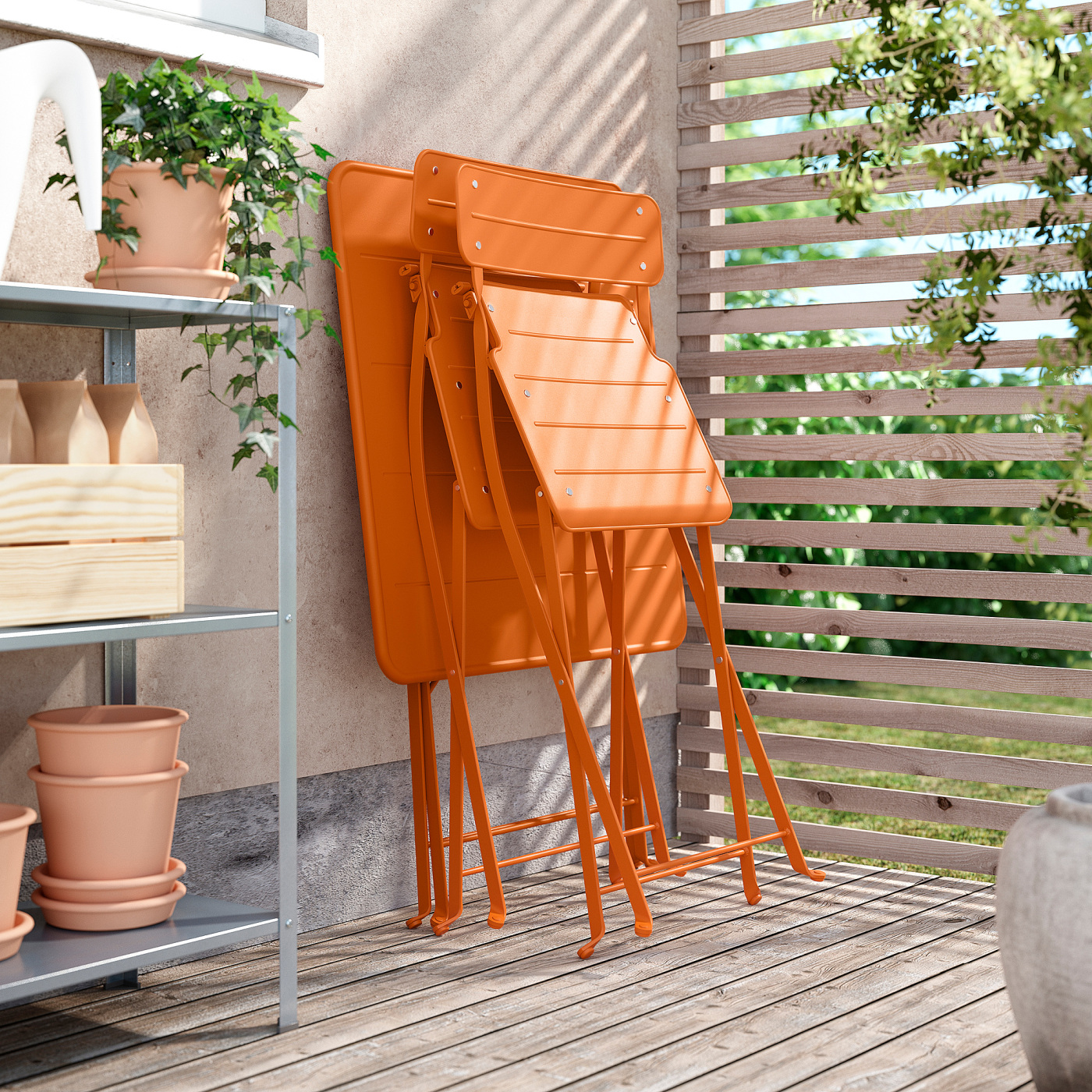 SUNDSÖ table and 2 folding chairs outdoor bright orange/bright