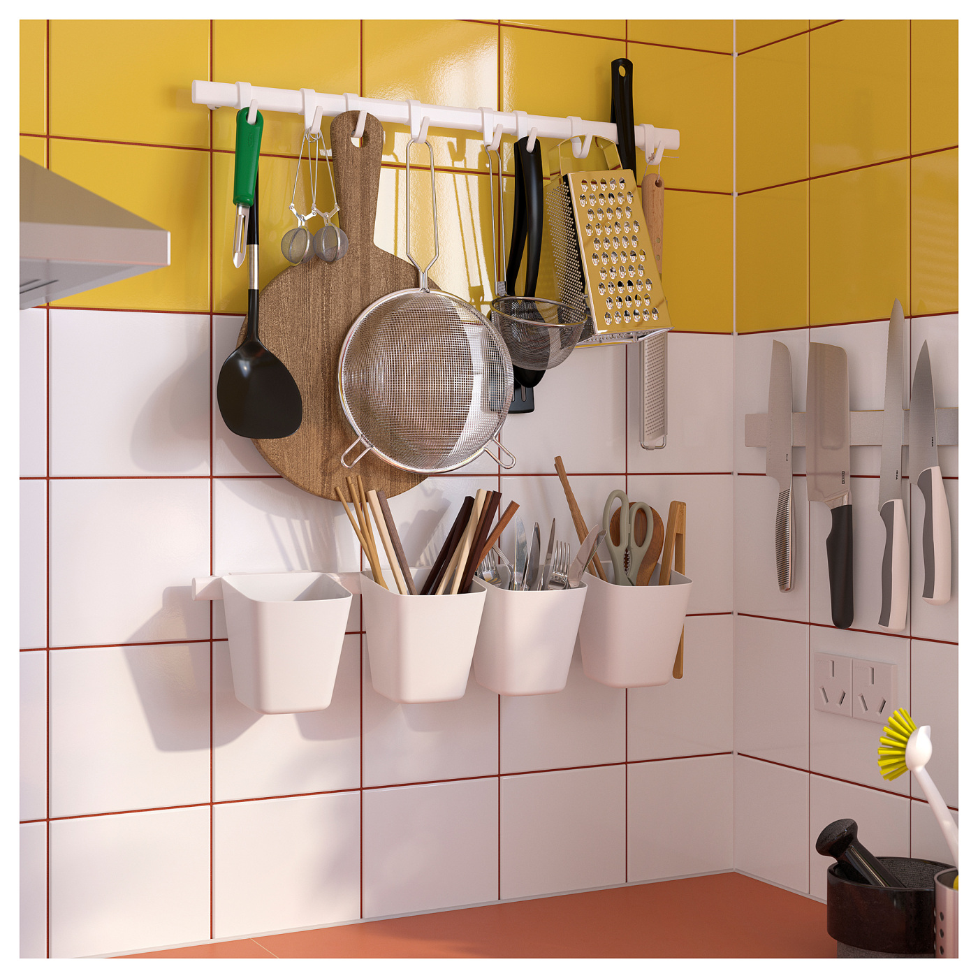 SUNNERSTA rail with 4 hooks and 2 containers white - IKEA