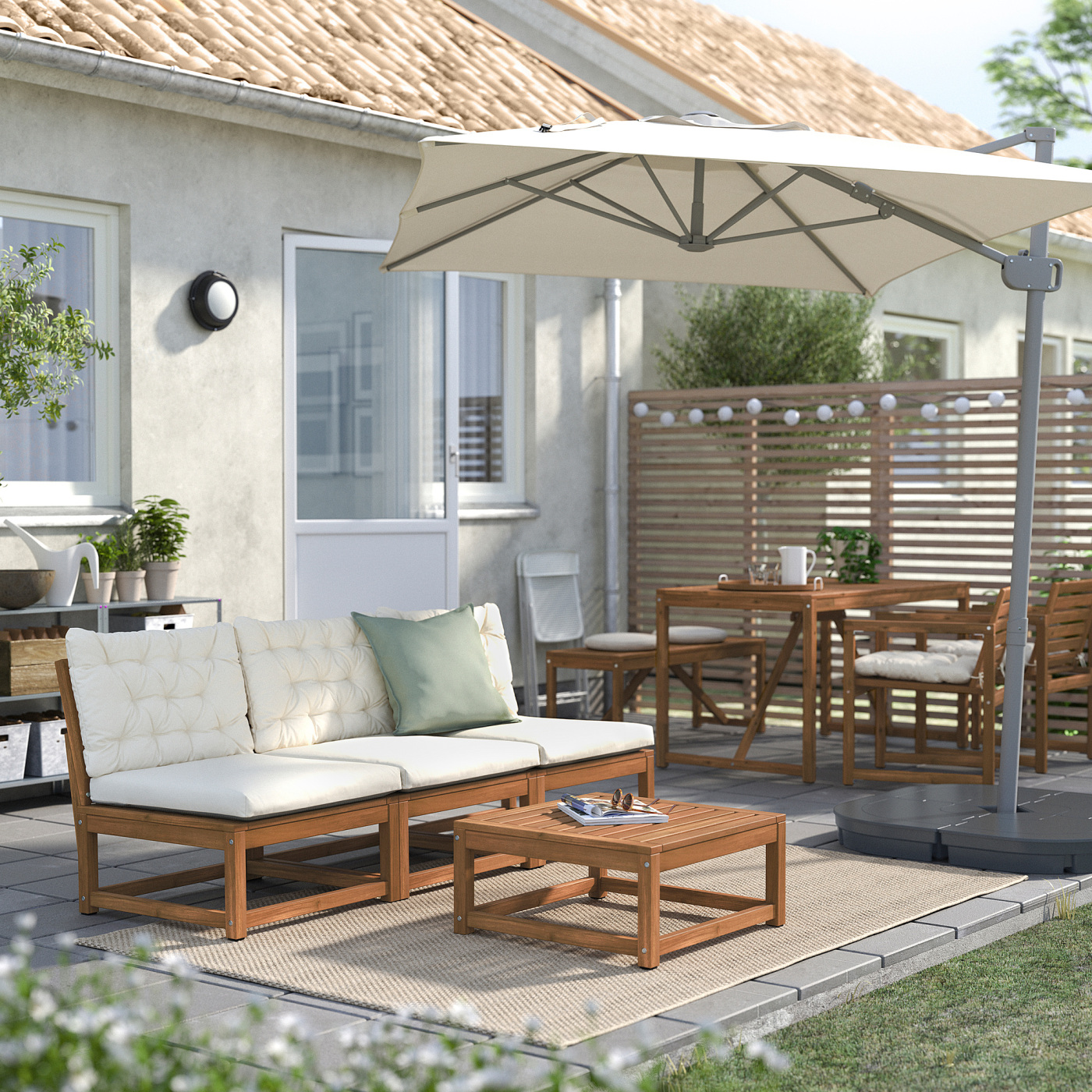 IKEA SVALÖN ガーデンパラソル 300x200cm SVALÖN parasol, hanging with base light grey-beige/Svartö dark