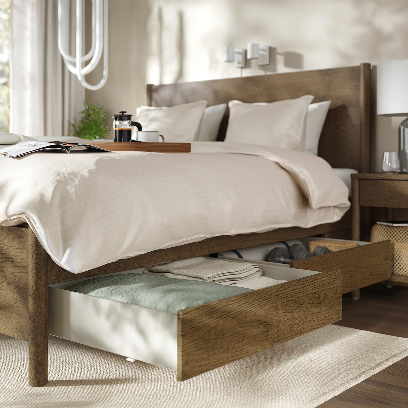 TONSTAD bed frame with storage brown stained oak veneer/Lönset - IKEA