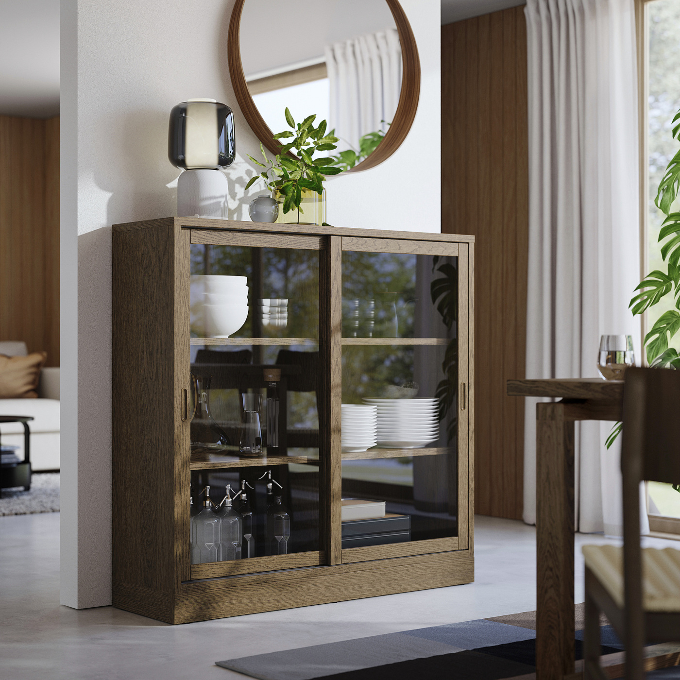 TONSTAD cabinet with sliding glass doors brown stained oak veneer