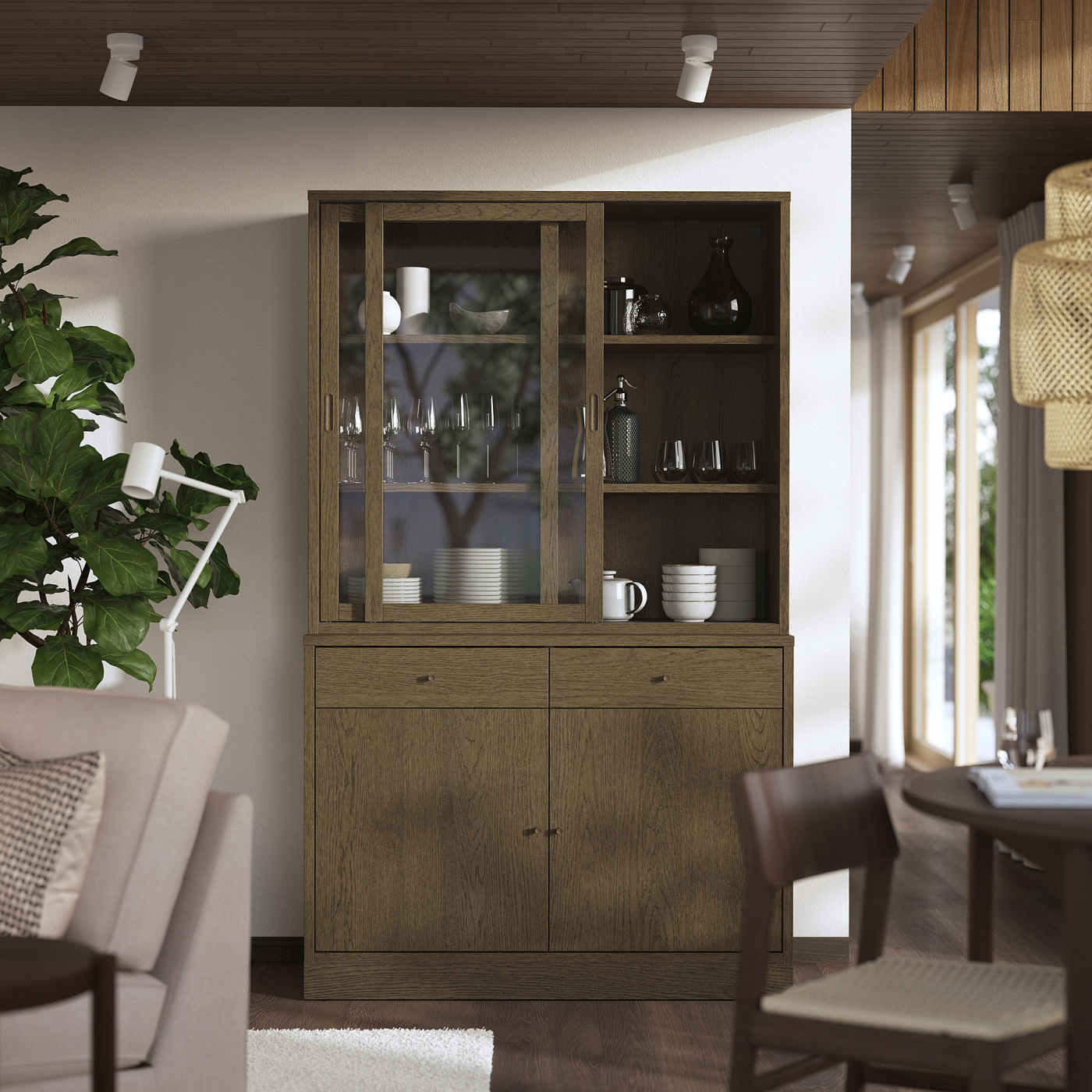TONSTAD storage comb w sliding glass doors brown stained oak