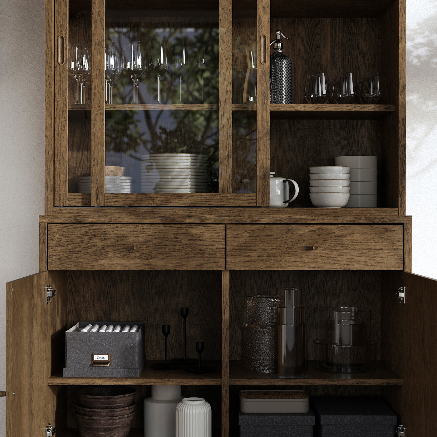 TONSTAD storage comb w sliding glass doors brown stained oak