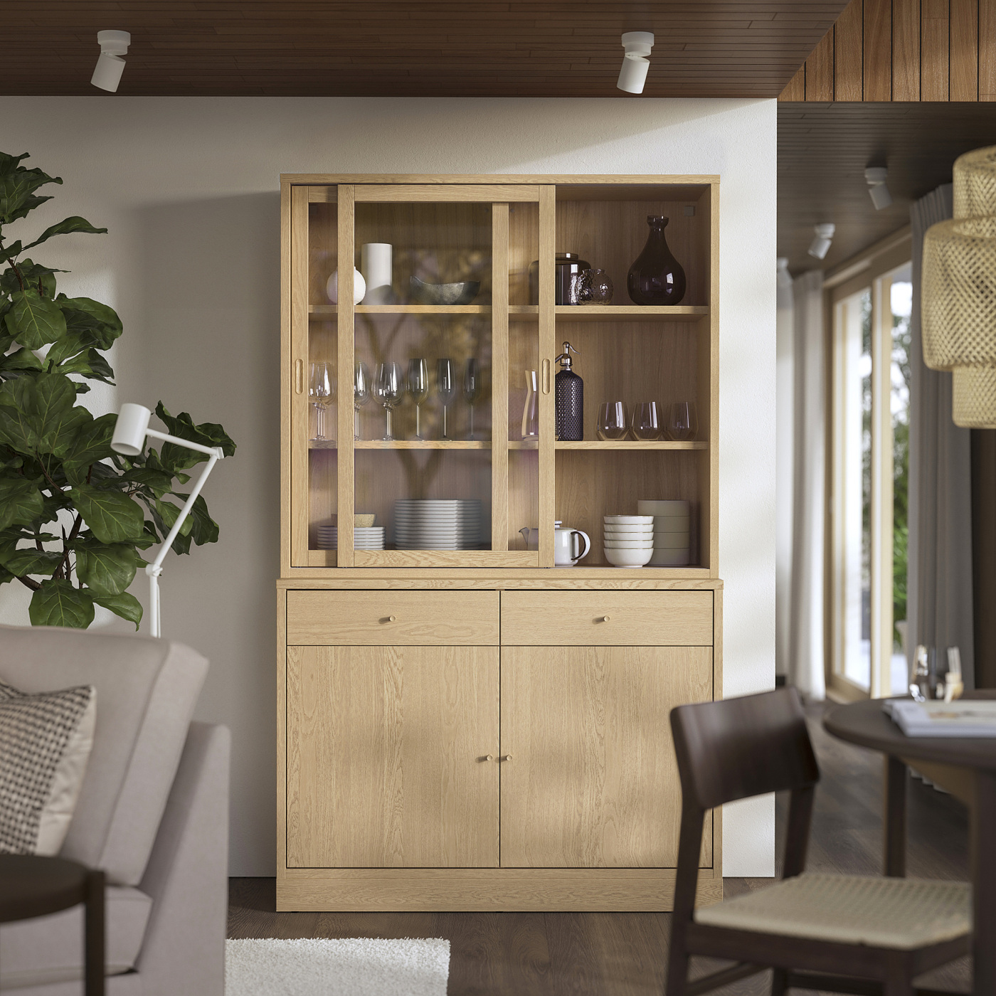 TONSTAD storage comb w sliding glass doors oak veneer/clear glass