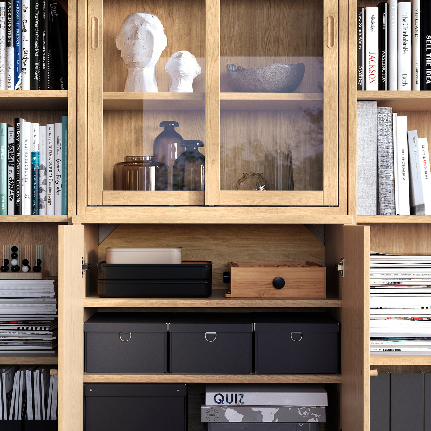TONSTAD storage comb w sliding glass doors oak veneer/clear glass