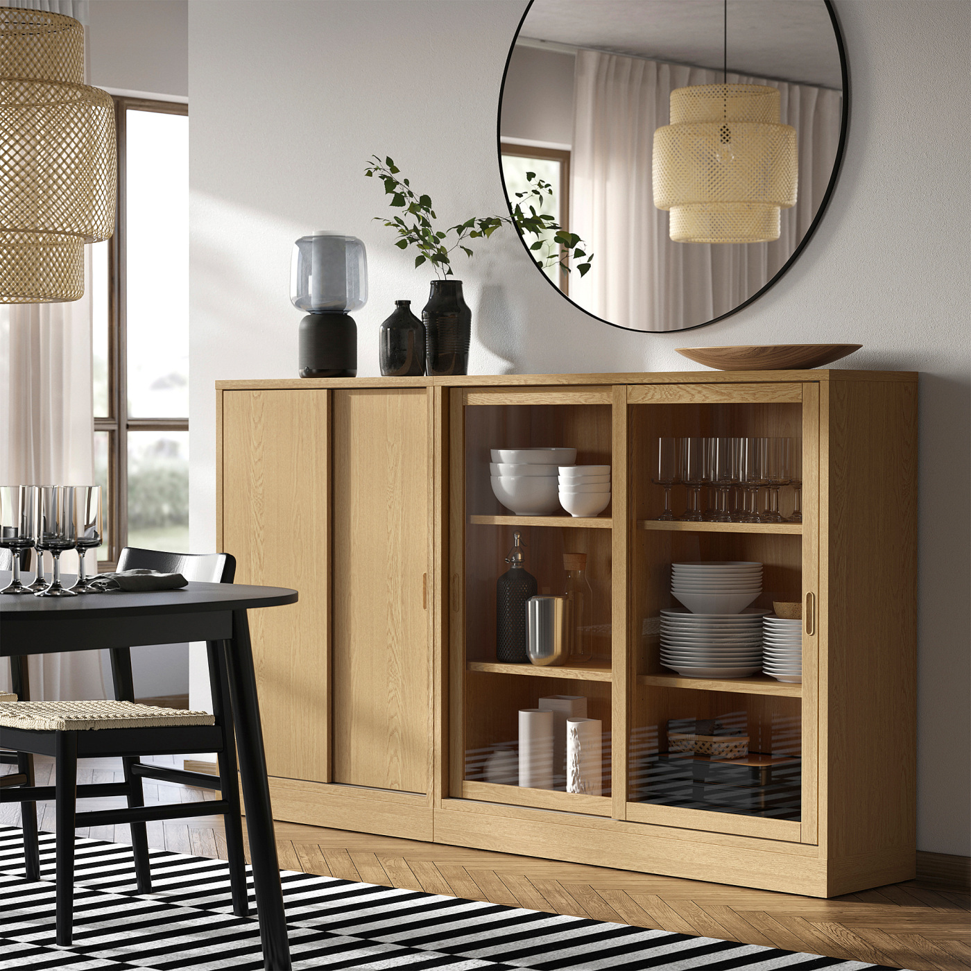 TONSTAD storage combination w sliding doors oak veneer/clear glass