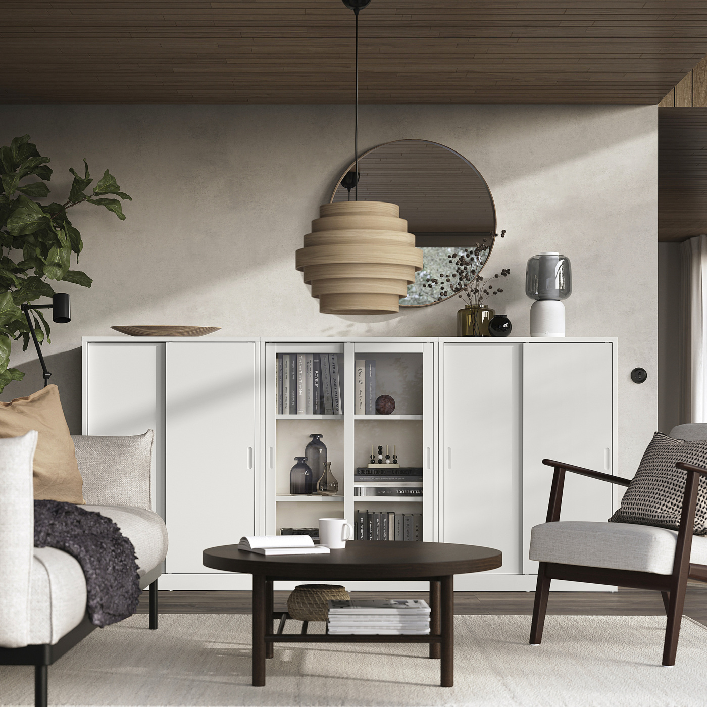 TONSTAD storage combination w sliding doors off-white/clear glass