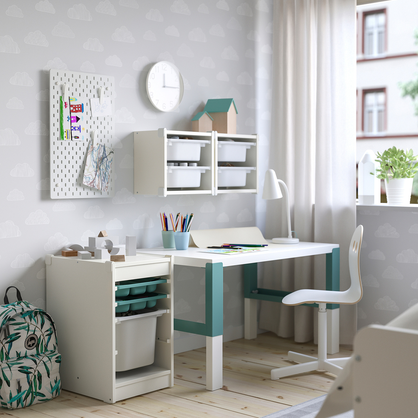 TROFAST storage combination with box/trays white turquoise/white