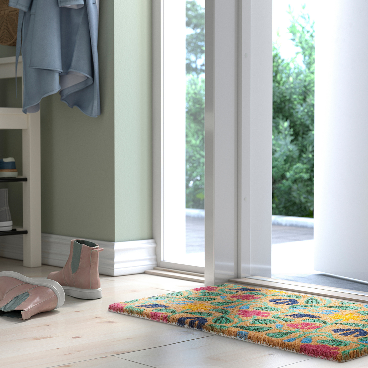 ■Flower Floor Mat / Rainbow × Ecru beige VÄGKURVA door mat, indoor multicolour/floral pattern - IKEA