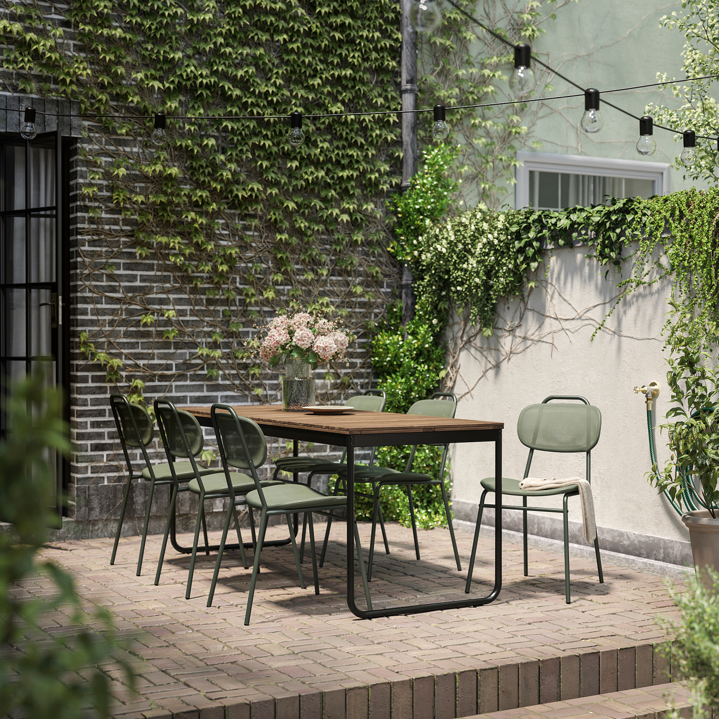 VÄSMAN / ENSHOLM table+6 chairs, outdoor extendable light brown