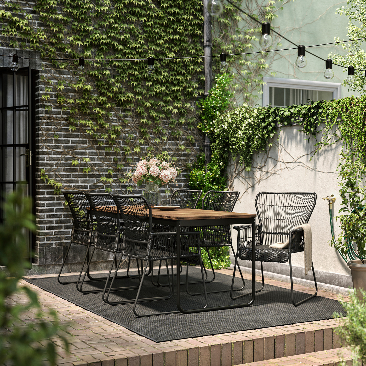 VÄSMAN / TALLSKÄR table+6 chairs w armrests, outdoor extendable