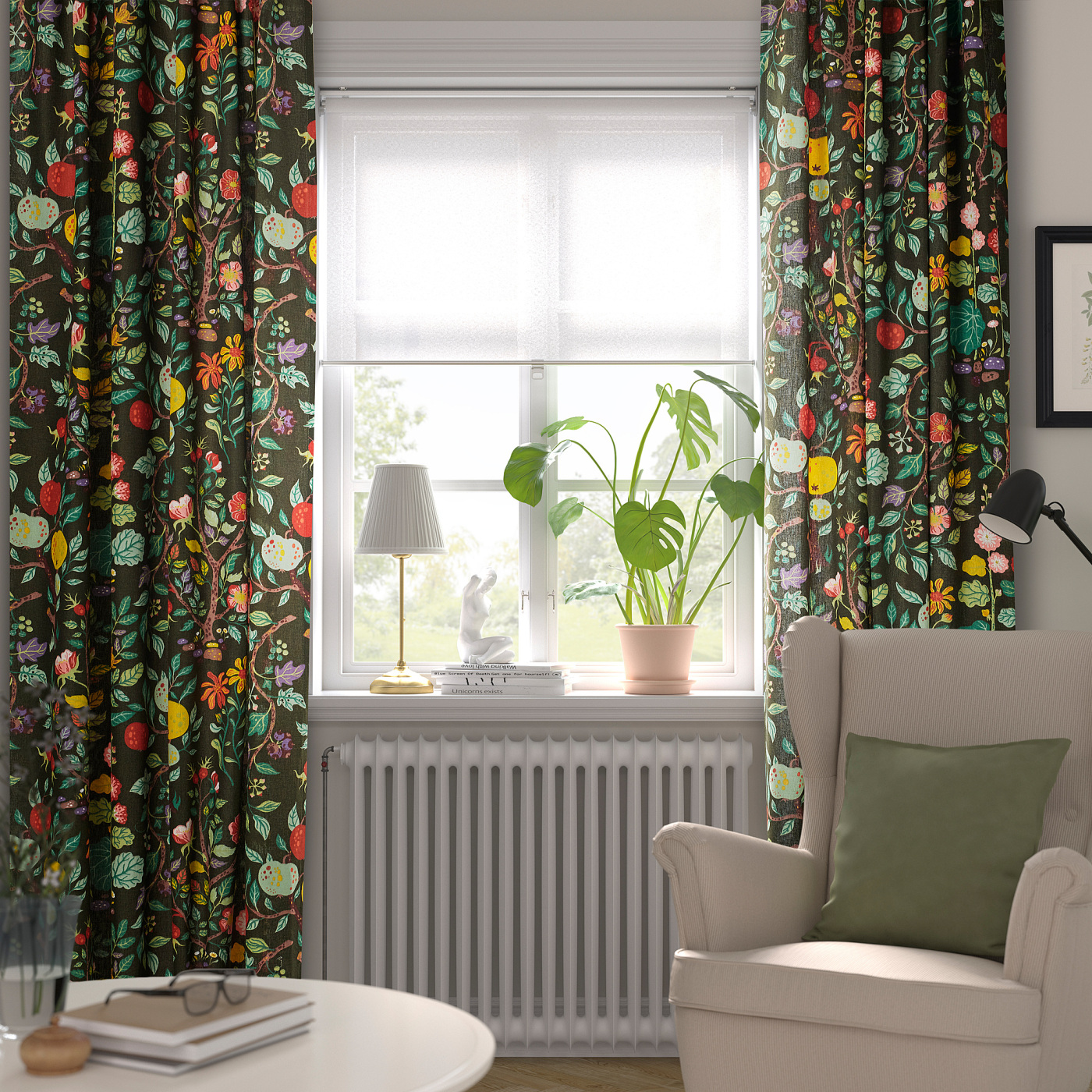 VILDPERSILJA curtains, 1 pair black-green multicolour/floral
