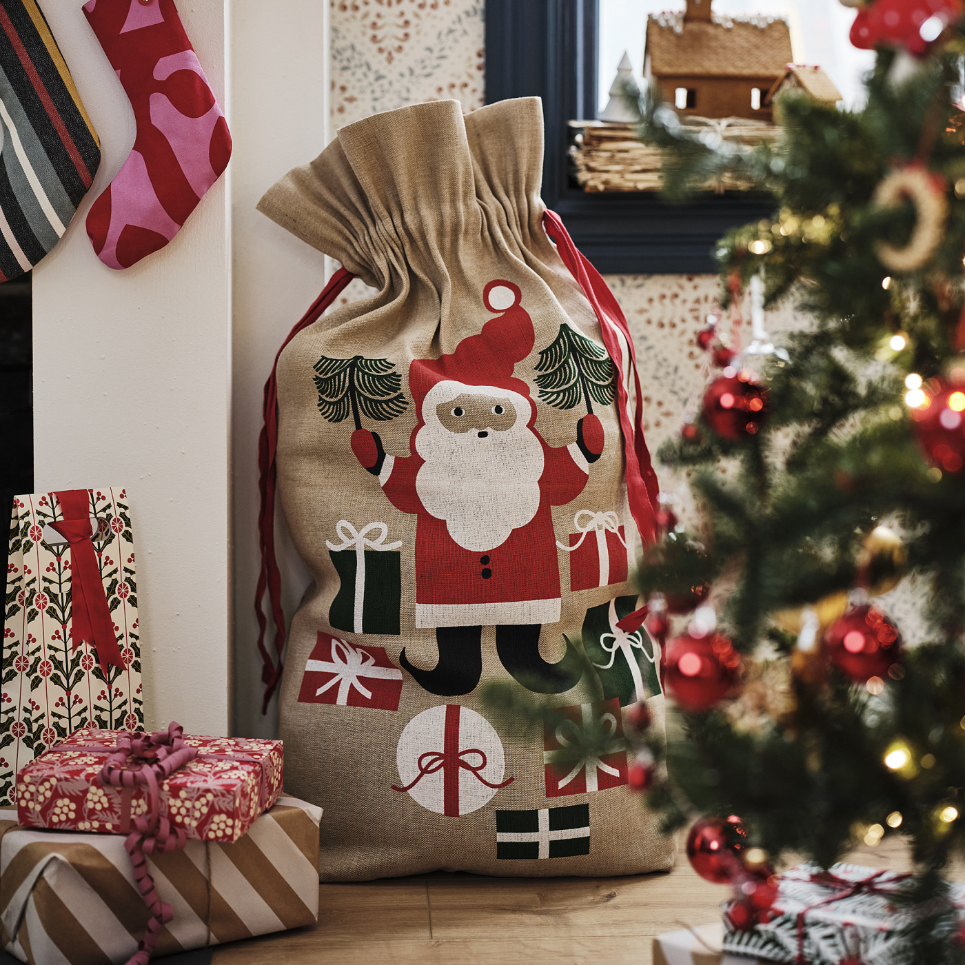 VINTERFINT sack with string Santa Claus pattern natural - IKEA