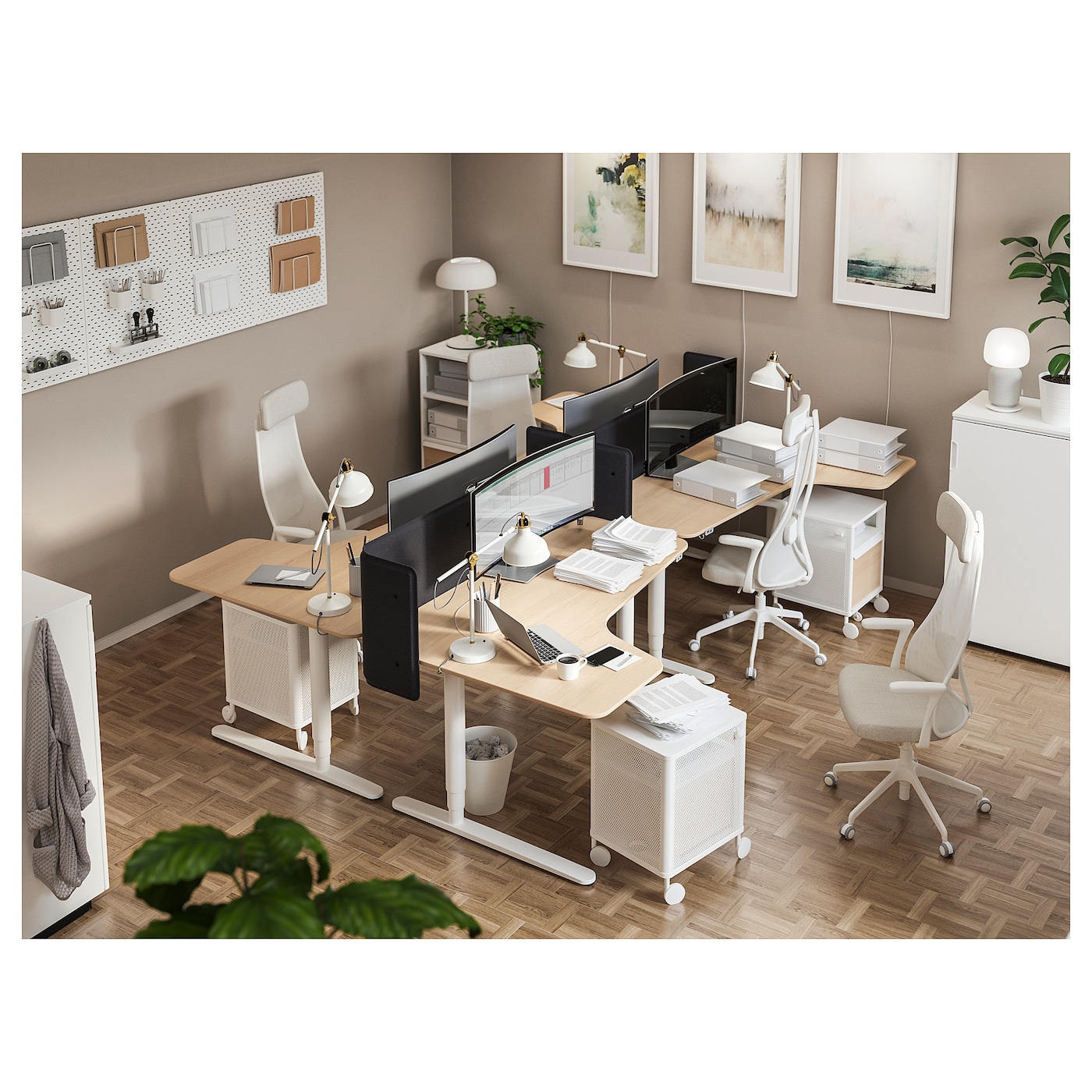 BEKANT 贝肯特坐/站两用式转角办公桌左白色橡木贴面/白色- IKEA