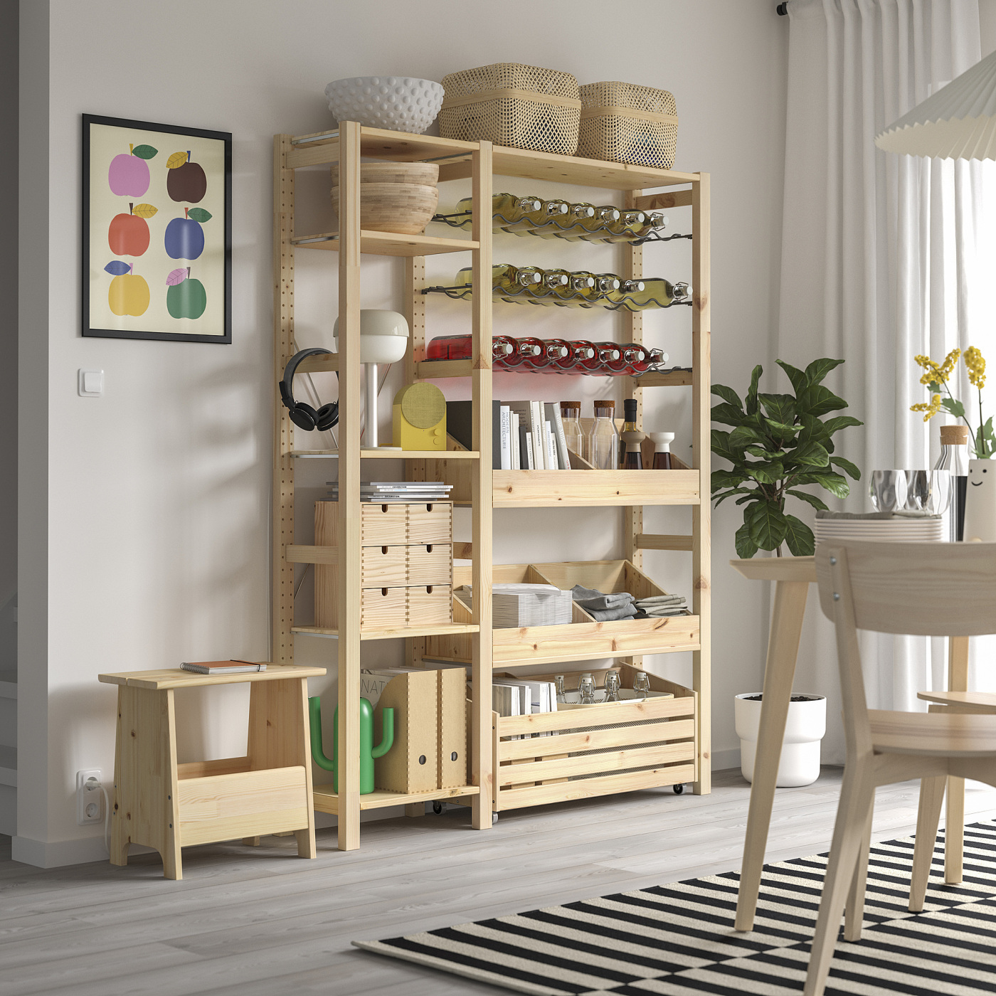 IVAR 伊娃搁架组合带瓶架带2个储物盒搁板/松木- IKEA