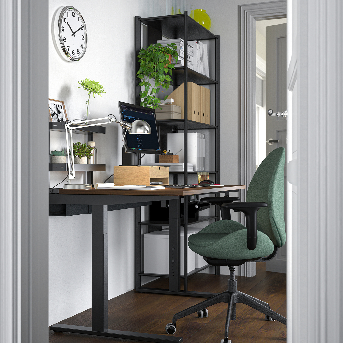 文机　和家具 MITTZON 米特丛书桌胡桃木贴面/黑色- IKEA