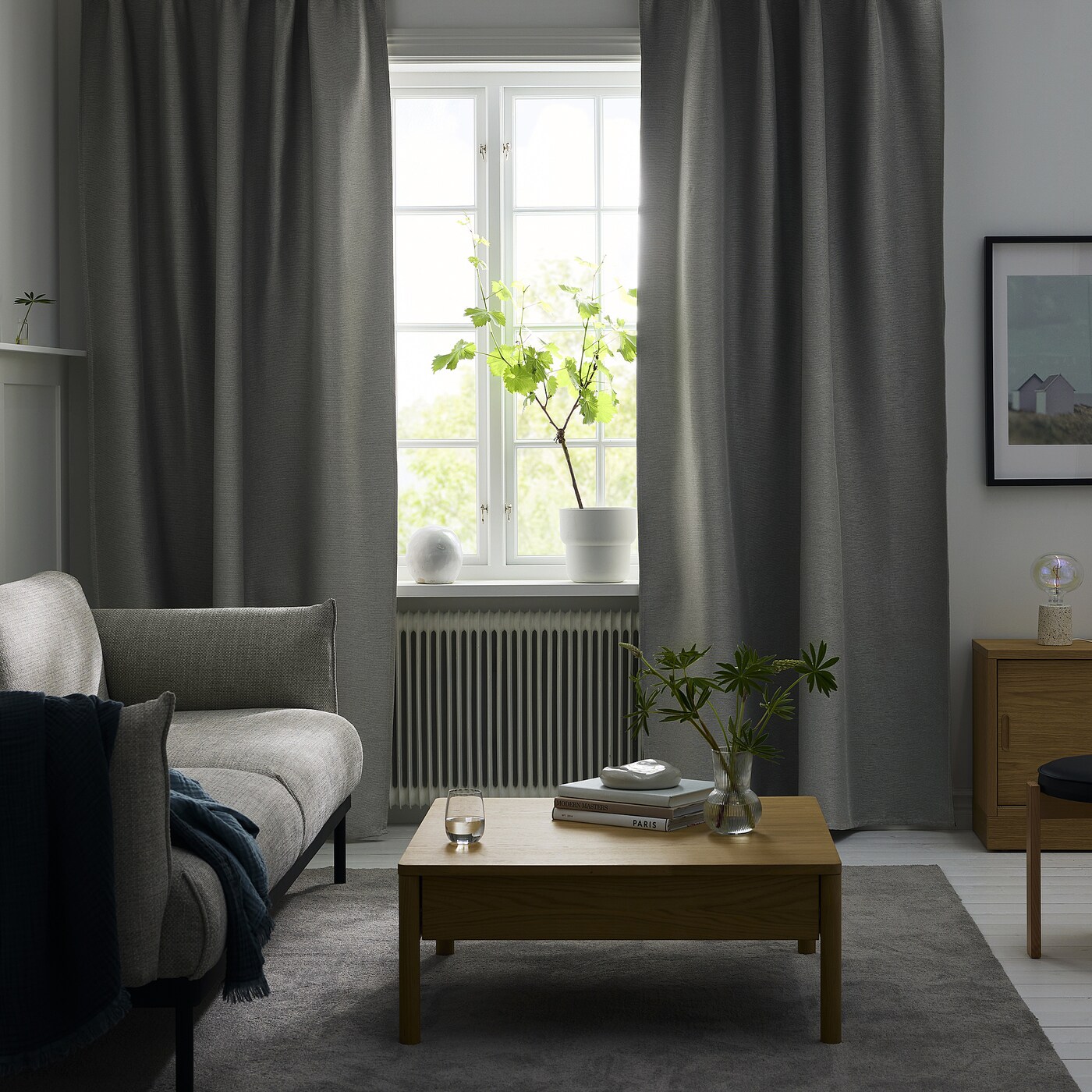 VILBORG 威尔伯窗帘，2幅灰色/带打褶带- IKEA