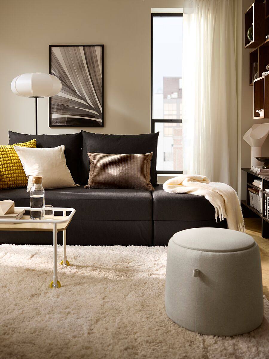 BULLERREMSA rug, high pile black grey/white - IKEA