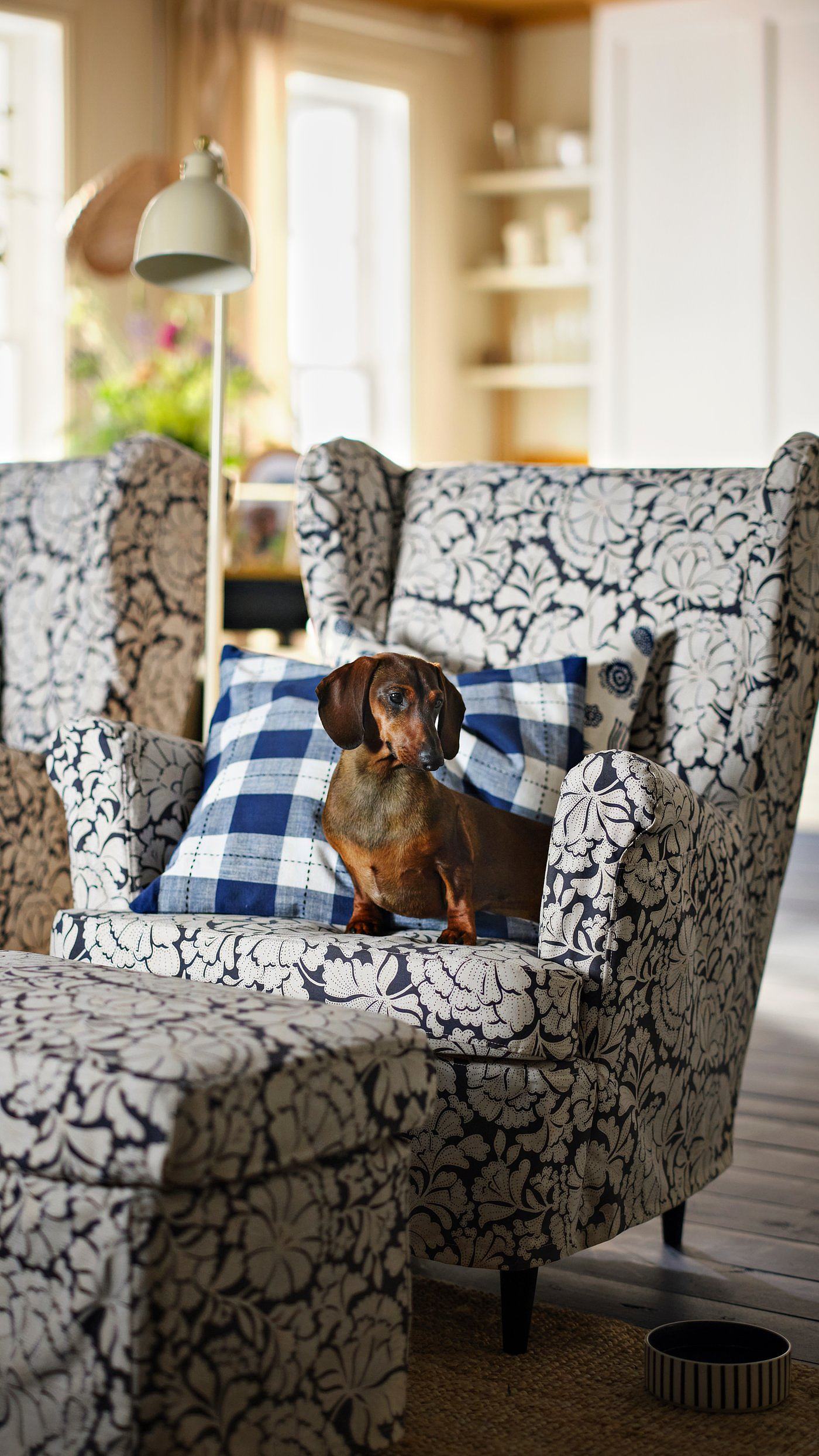 STRANDMON slipcover for footstool Sjölyckan dark blue/beige stripe