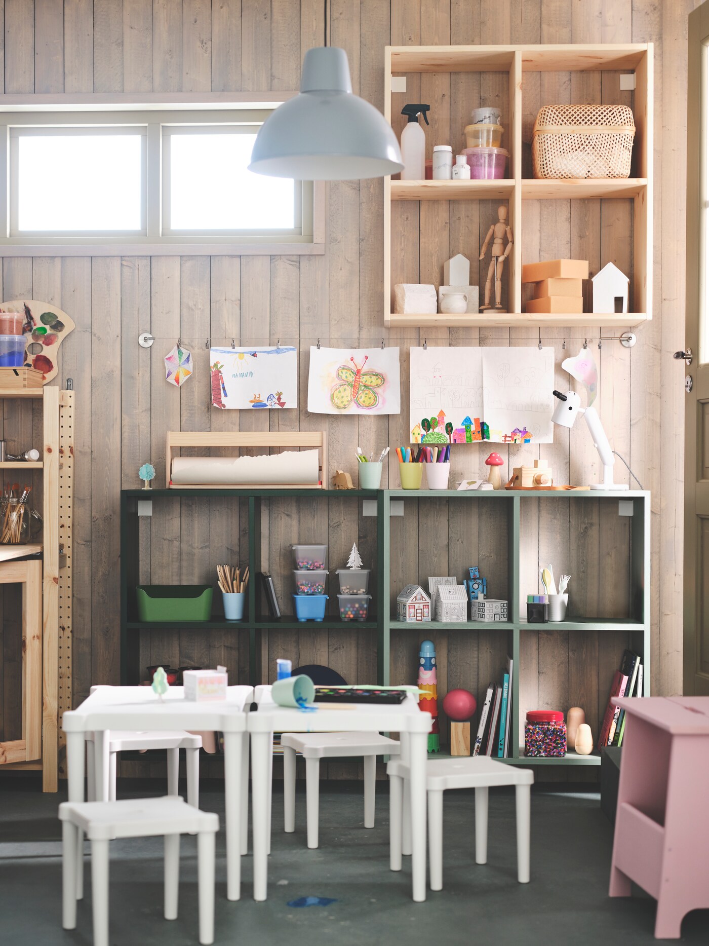 A rough garage becomes a crafty art studio for kids