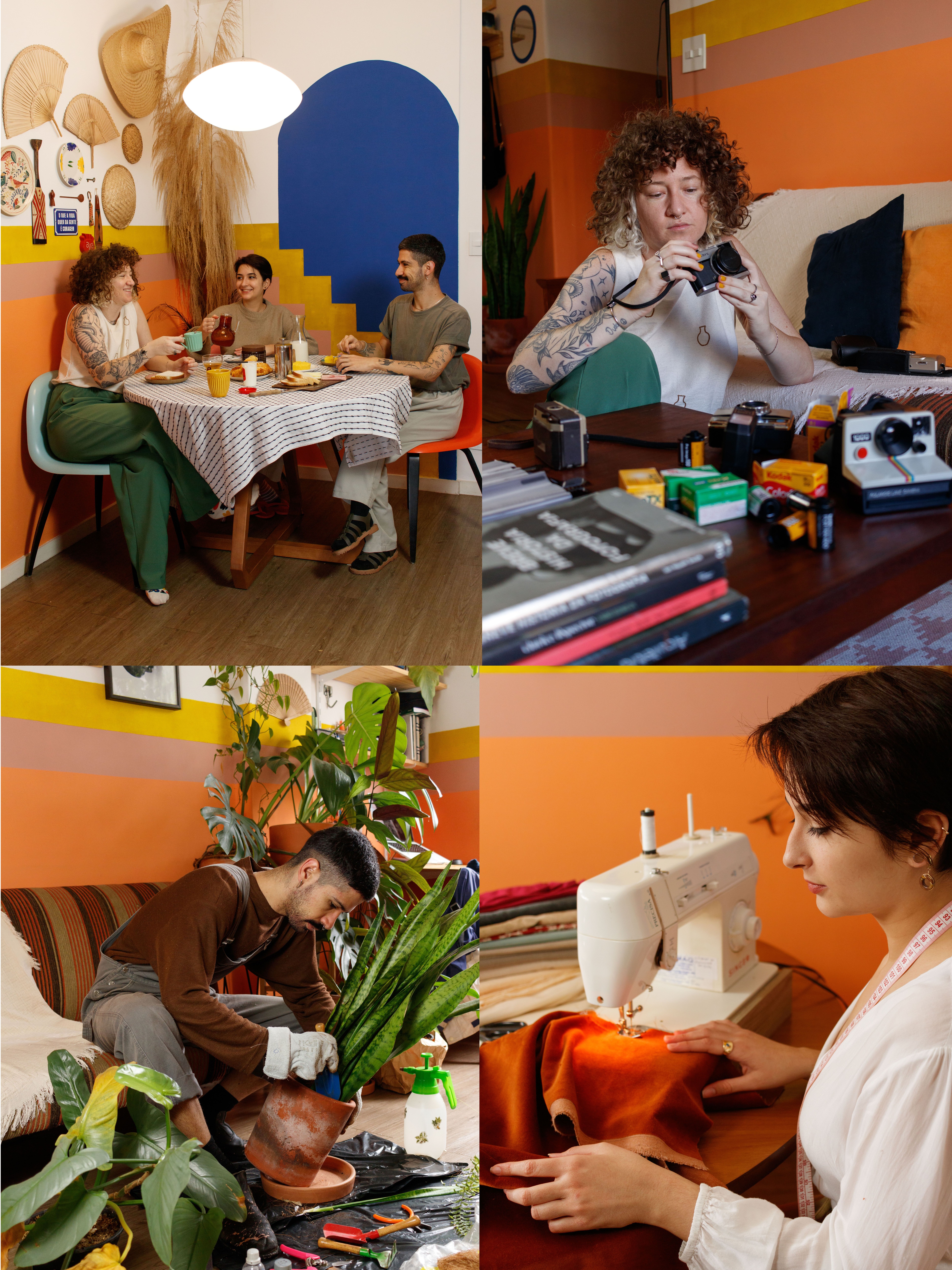 Felipe、Gabriela和Giovanna一起用餐，身旁布满了他们兴趣爱好的真实写照，如缝纫、摄影和园艺。
