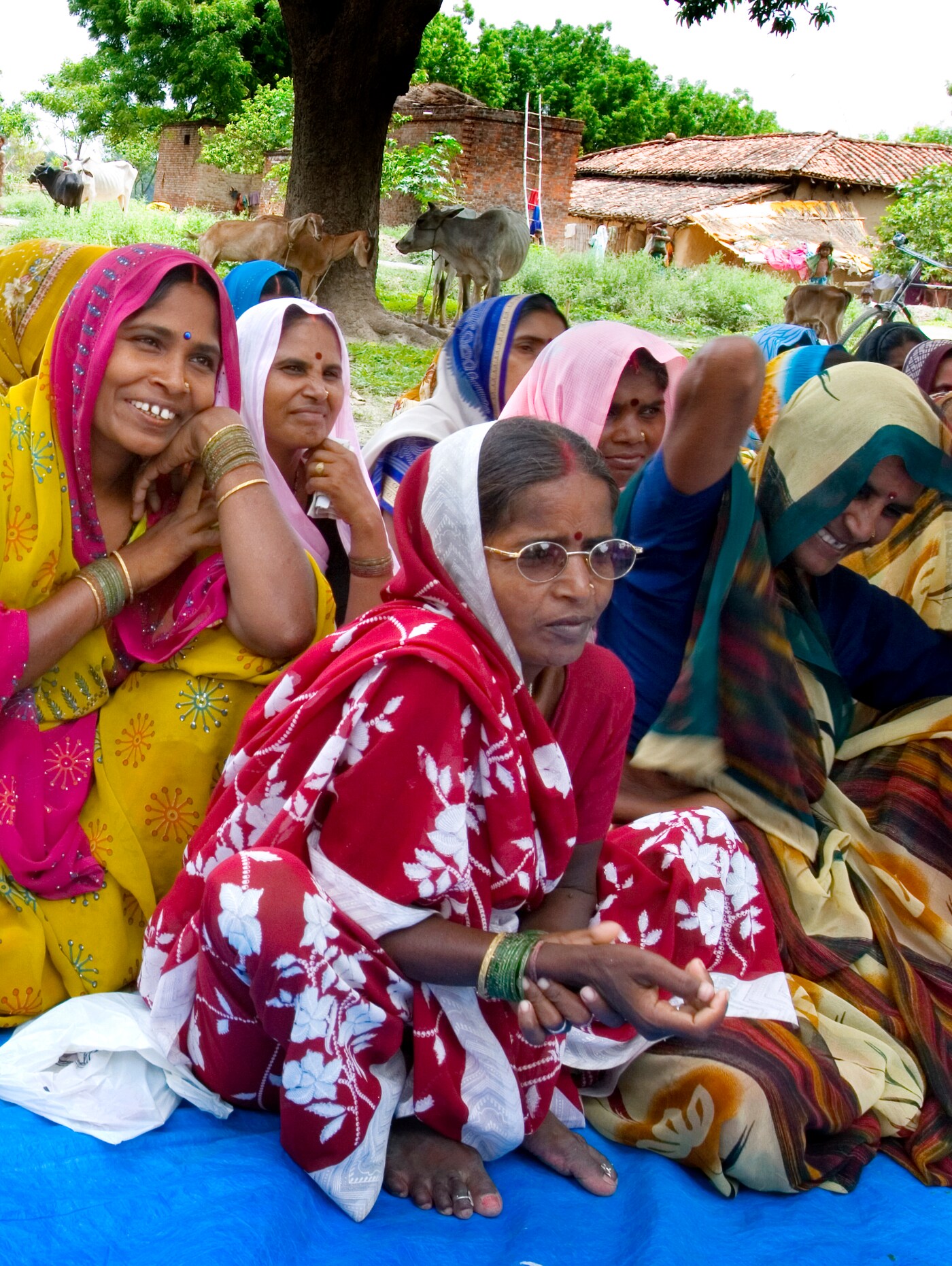 A group of Indian women in brightly coloured clothes sitting outside on a rug. In the background are some huts and a cow.