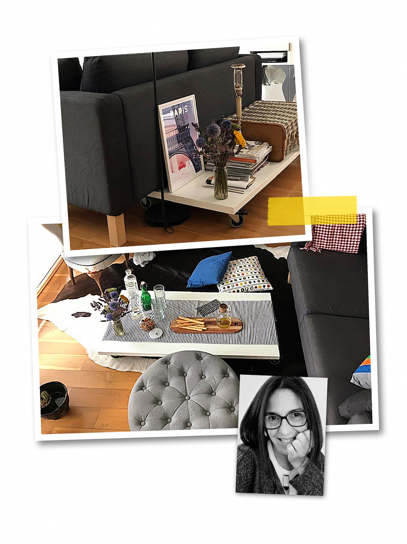A three-image collage: a coffee table made of a white LINNMON table top and RILL castors, and an image of an IKEA co-worker.