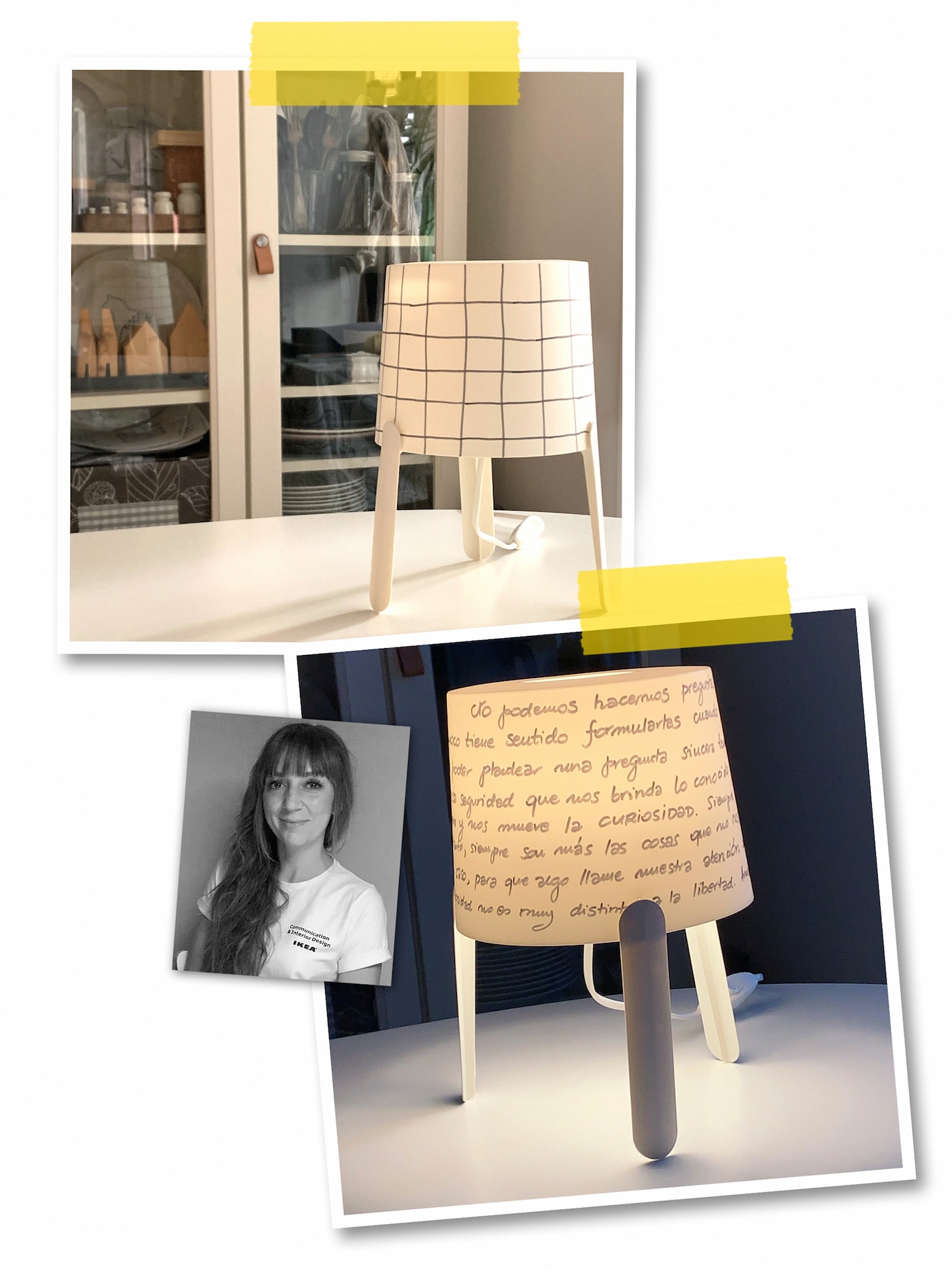 A three-image collage: two white TVÄRS lamps where both have hand-decorated shades, and a portrait of an IKEA co-worker.
