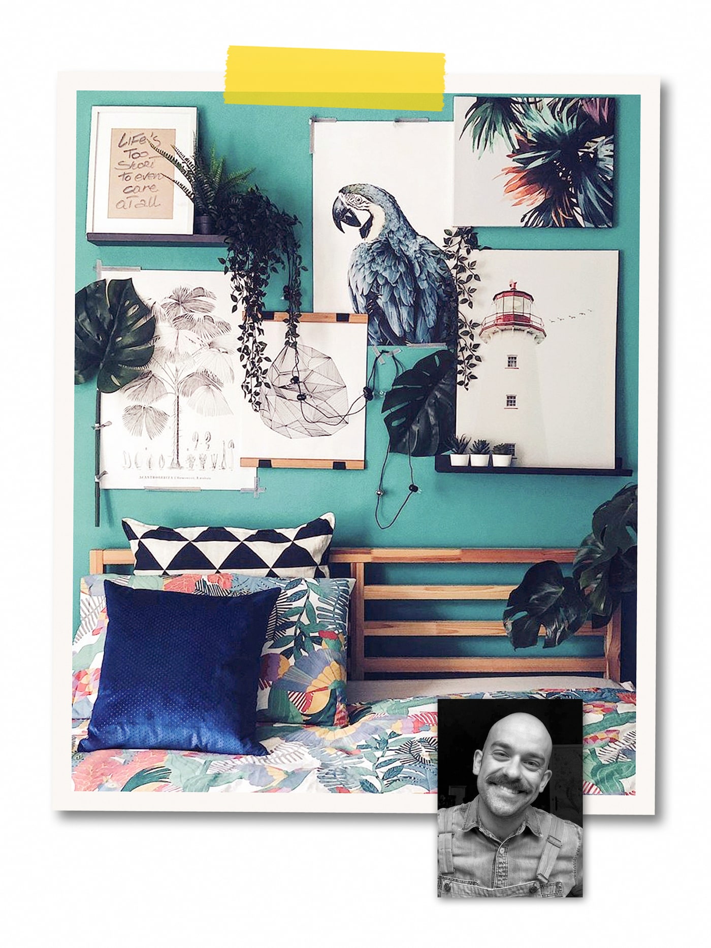 A two-image collage: a green wall covered with art, some hung, some on MOSSLANDA ledges, and a portrait of an IKEA co-worker.